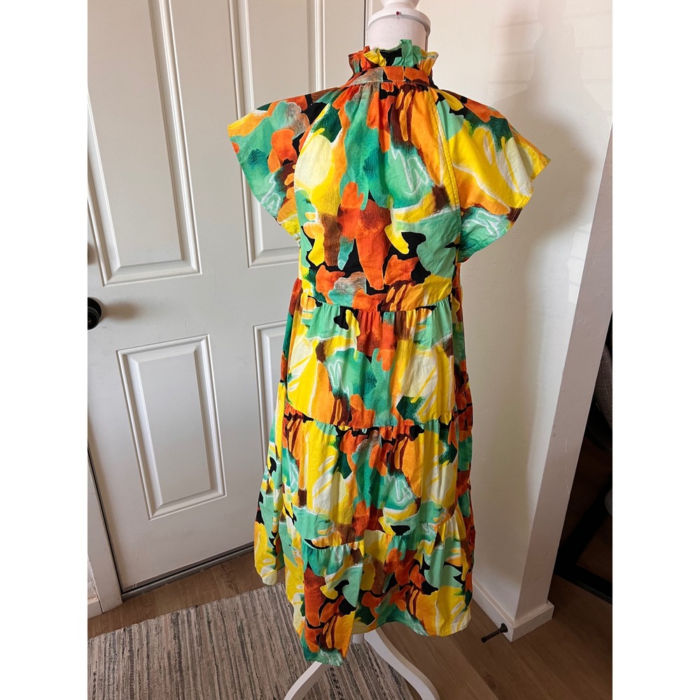 PINCH Floral Tiered Midi Dress Yellow Green Orange Cotton Flutter Sleeve Small - Picture 3 of 10